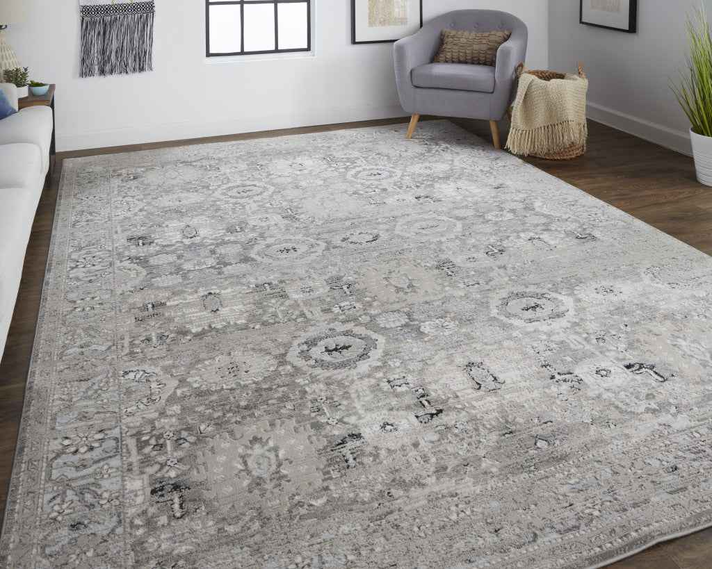 12' X 15' Gray And Silver Abstract Power Loom Distressed Area Rug