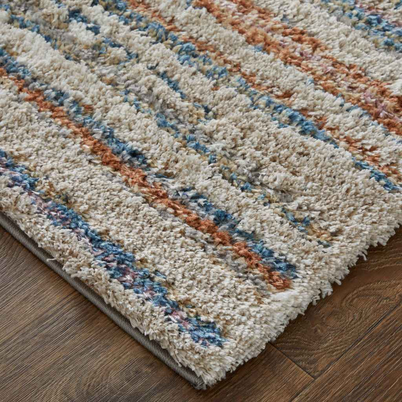 9' X 12' Ivory Blue And Orange Striped Power Loom Stain Resistant Area Rug