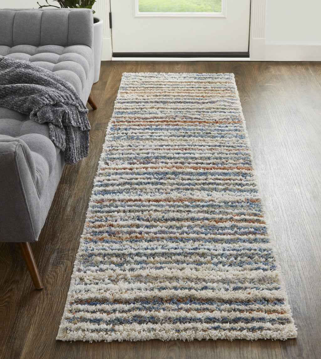 8' Ivory Blue And Orange Striped Power Loom Stain Resistant Runner Rug