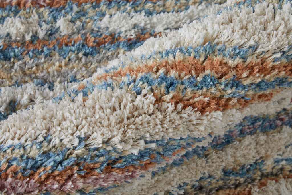 8' Ivory Blue And Orange Striped Power Loom Stain Resistant Runner Rug