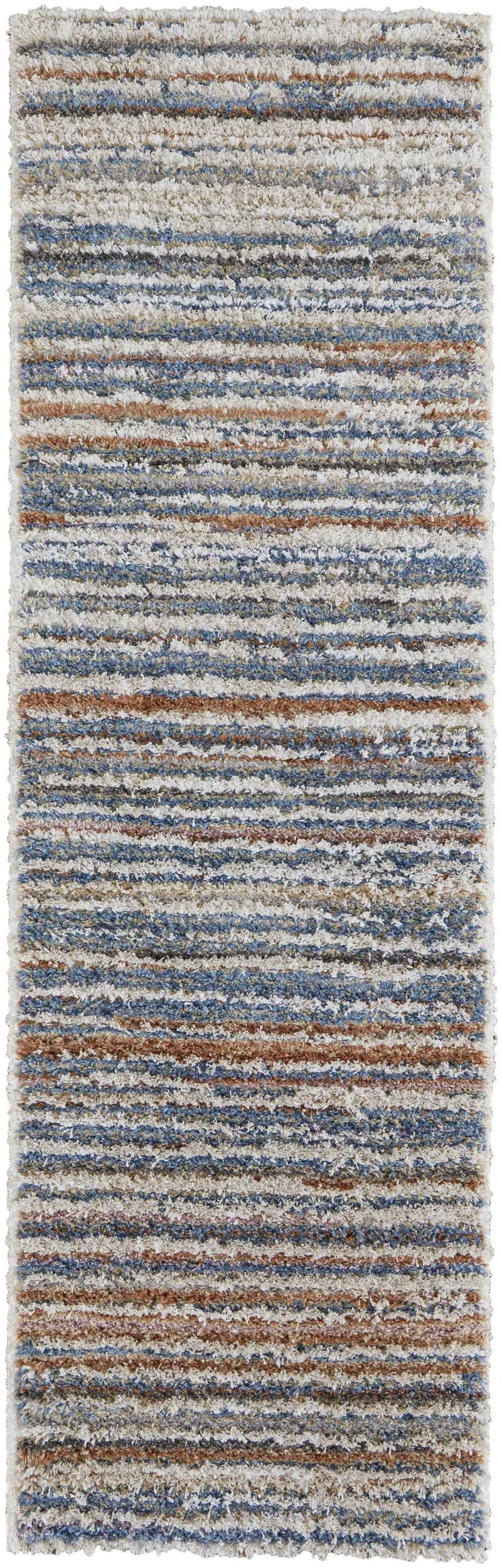 8' Ivory Blue And Orange Striped Power Loom Stain Resistant Runner Rug