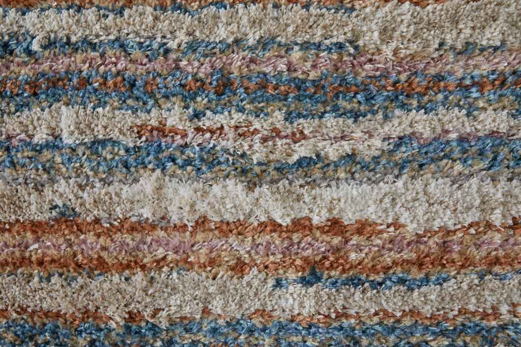 8' Ivory Blue And Orange Striped Power Loom Stain Resistant Runner Rug