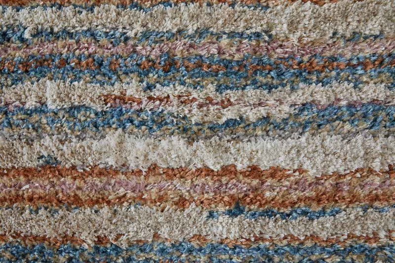 8' Ivory Blue And Orange Striped Power Loom Stain Resistant Runner Rug