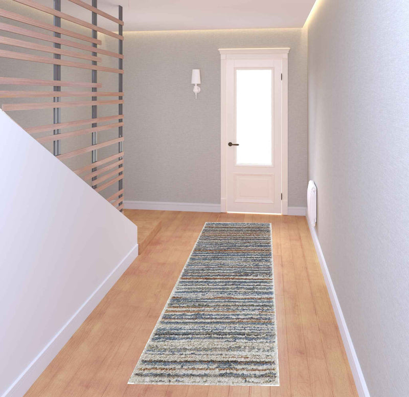 8' Ivory Blue And Orange Striped Power Loom Stain Resistant Runner Rug