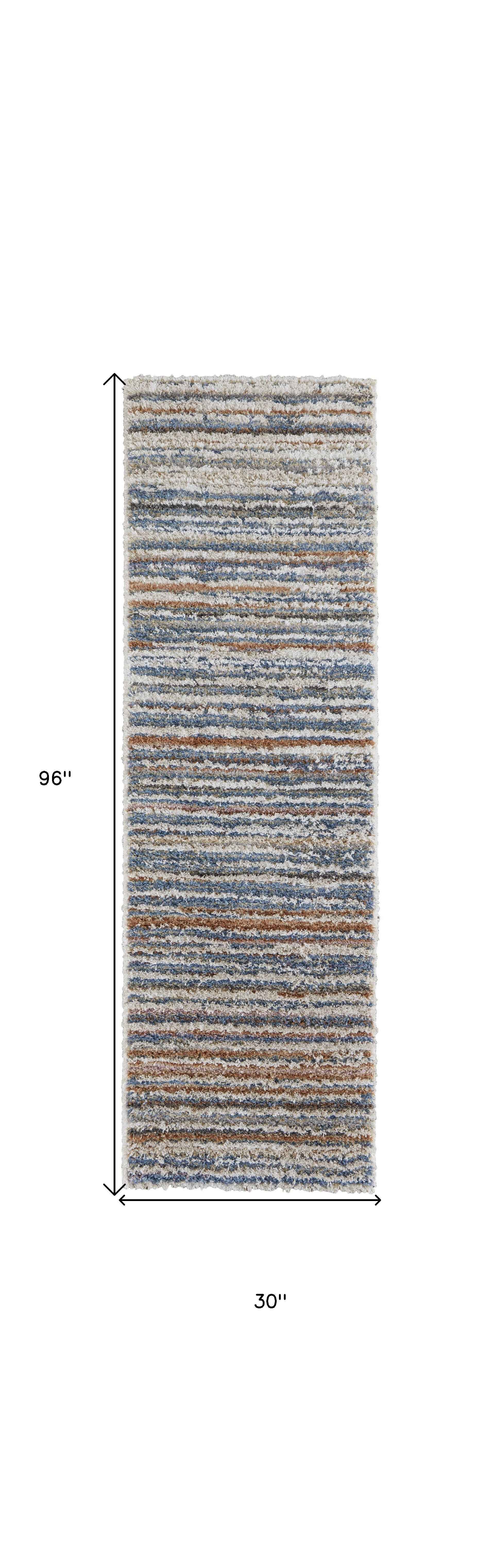 8' Ivory Blue And Orange Striped Power Loom Stain Resistant Runner Rug