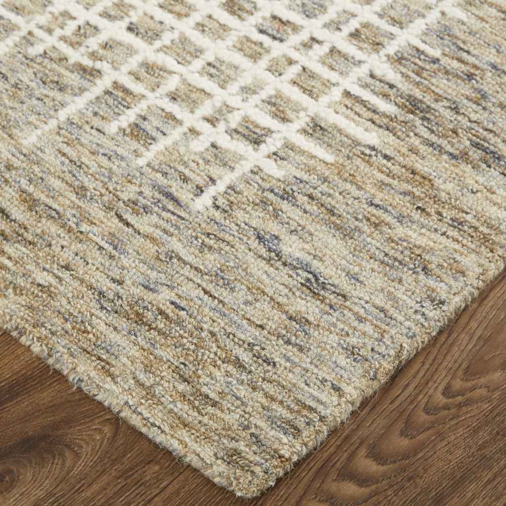 9' X 12' Tan And Ivory Wool Plaid Tufted Handmade Stain Resistant Area Rug