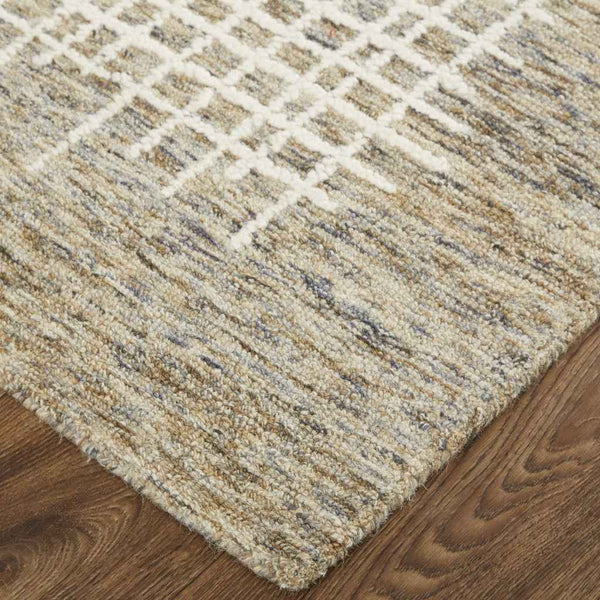 9' X 12' Tan And Ivory Wool Plaid Tufted Handmade Stain Resistant Area Rug