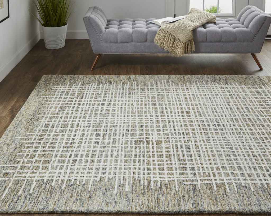 9' X 12' Tan And Ivory Wool Plaid Tufted Handmade Stain Resistant Area Rug
