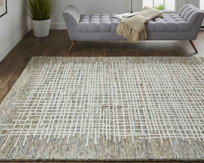 9' X 12' Tan And Ivory Wool Plaid Tufted Handmade Stain Resistant Area Rug