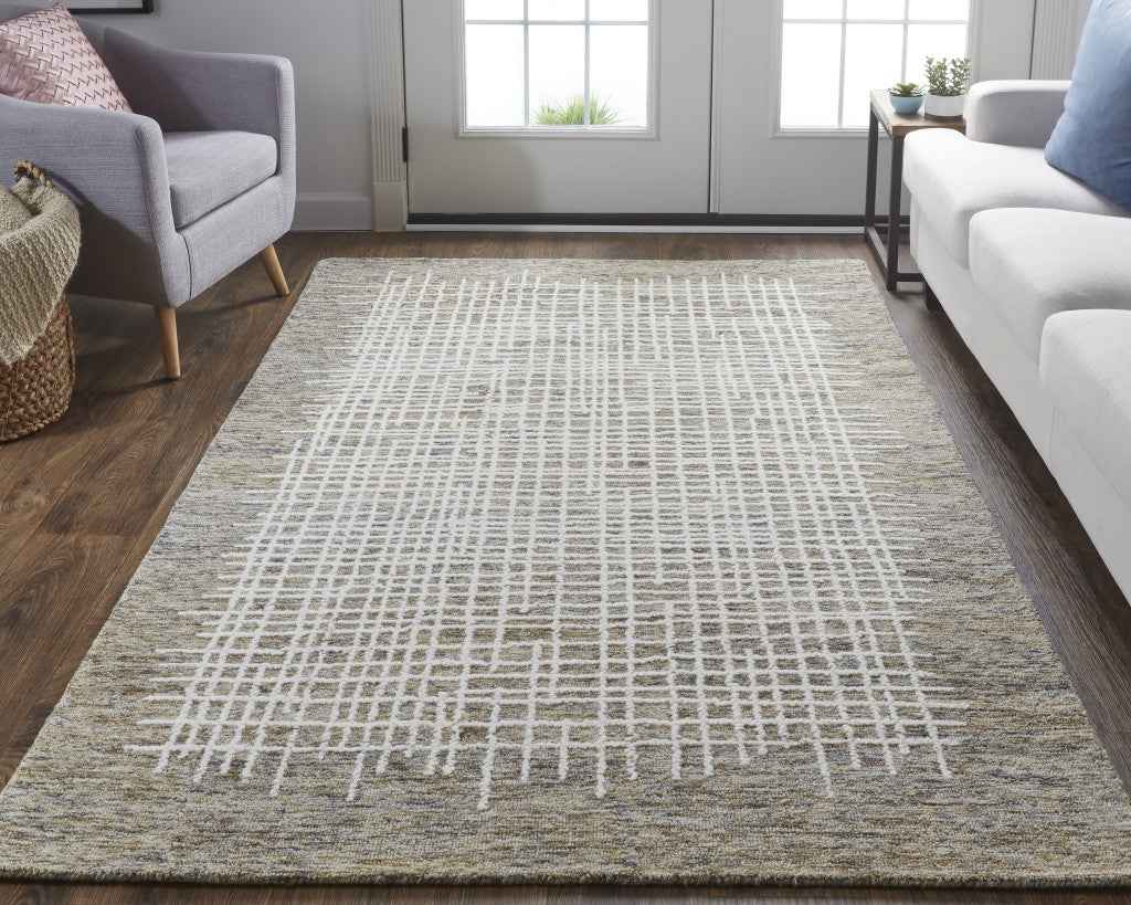 9' X 12' Tan And Ivory Wool Plaid Tufted Handmade Stain Resistant Area Rug