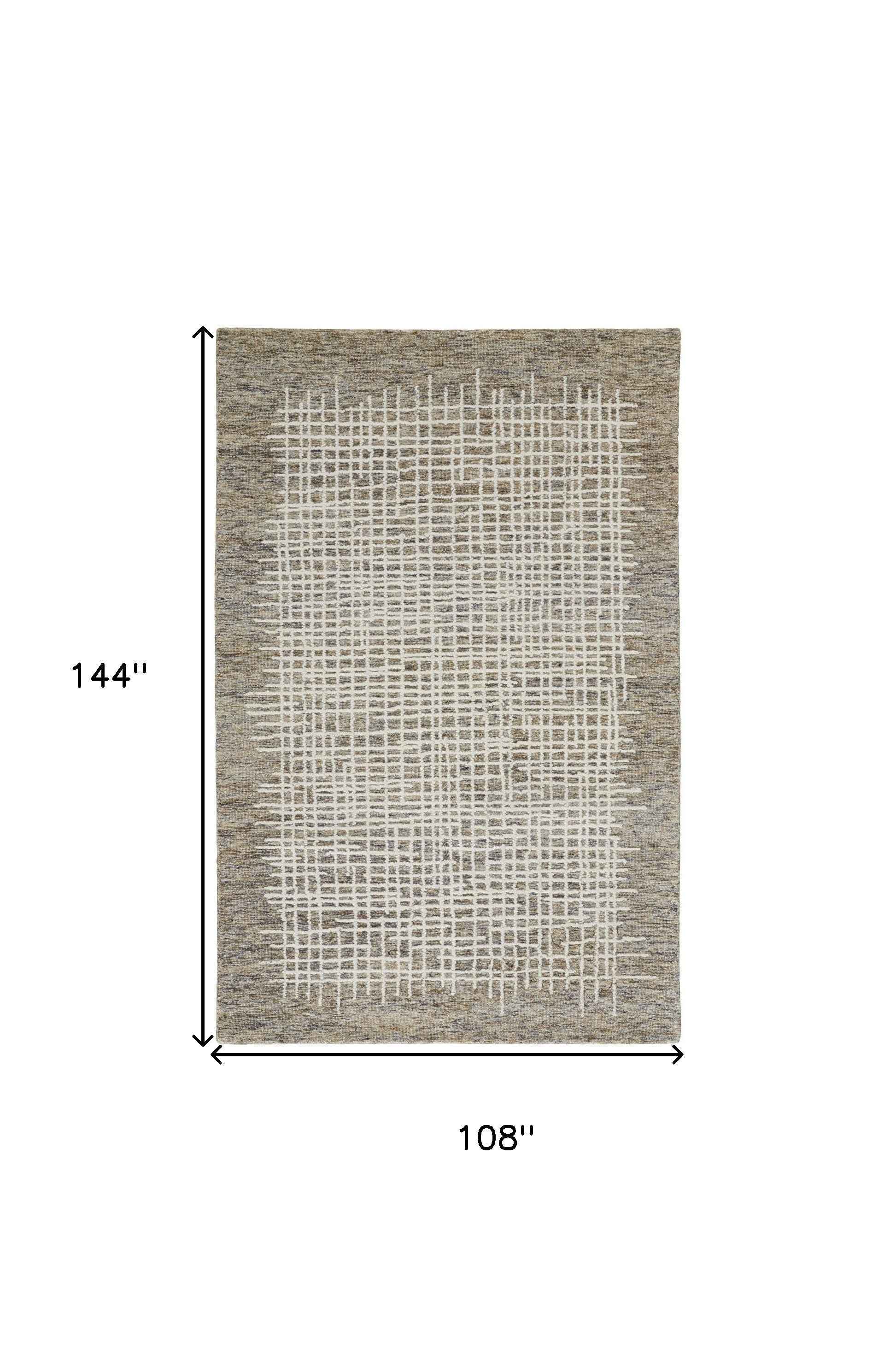 9' X 12' Tan And Ivory Wool Plaid Tufted Handmade Stain Resistant Area Rug