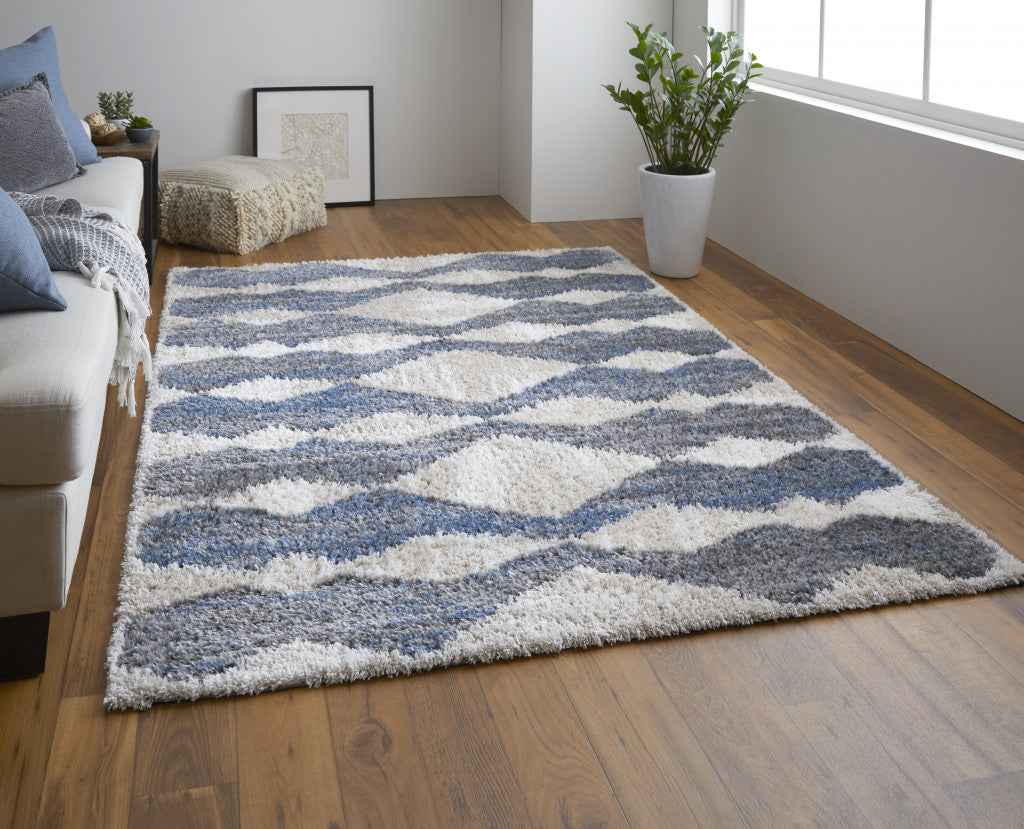 10' X 14' Ivory Gray And Blue Chevron Power Loom Stain Resistant Area Rug