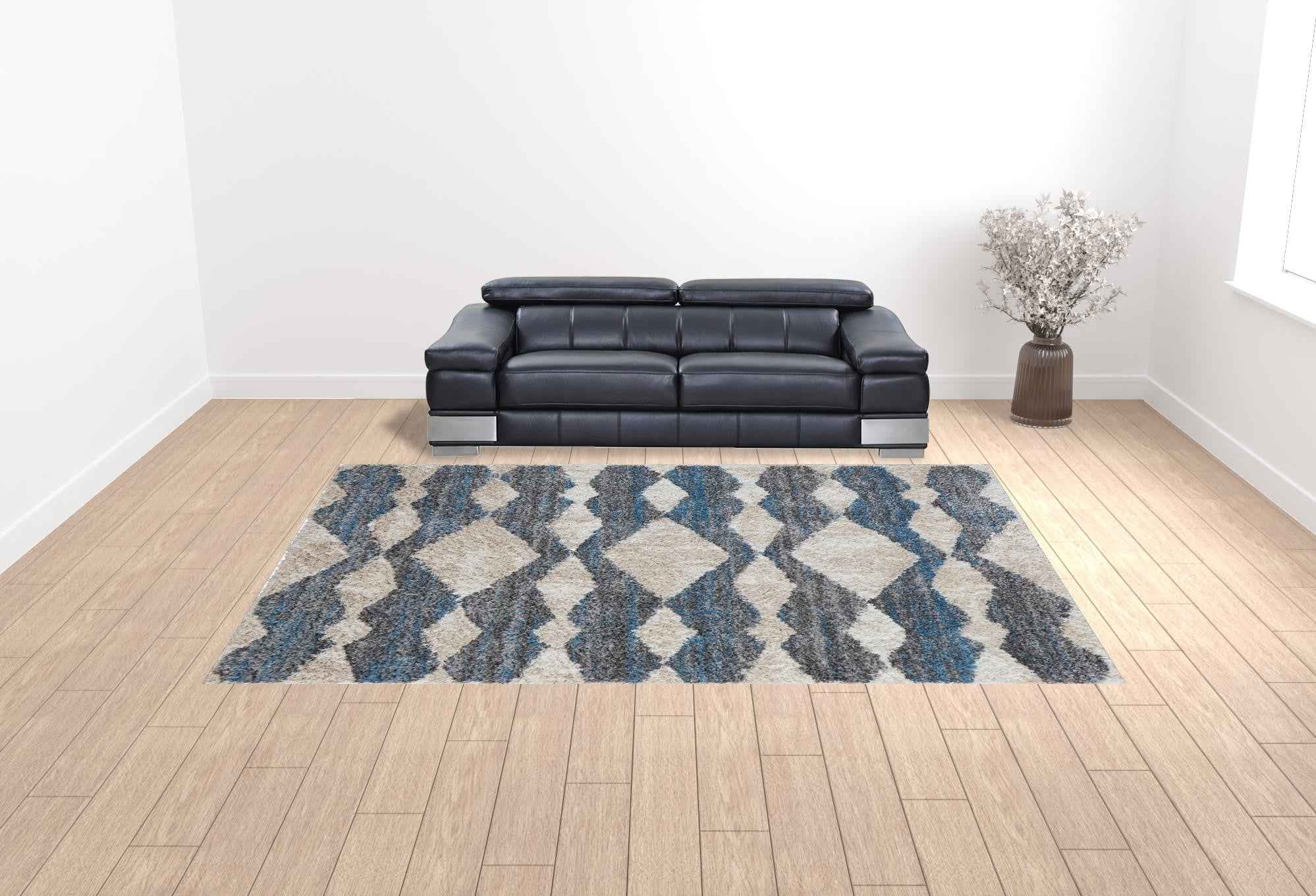 10' X 14' Ivory Gray And Blue Chevron Power Loom Stain Resistant Area Rug