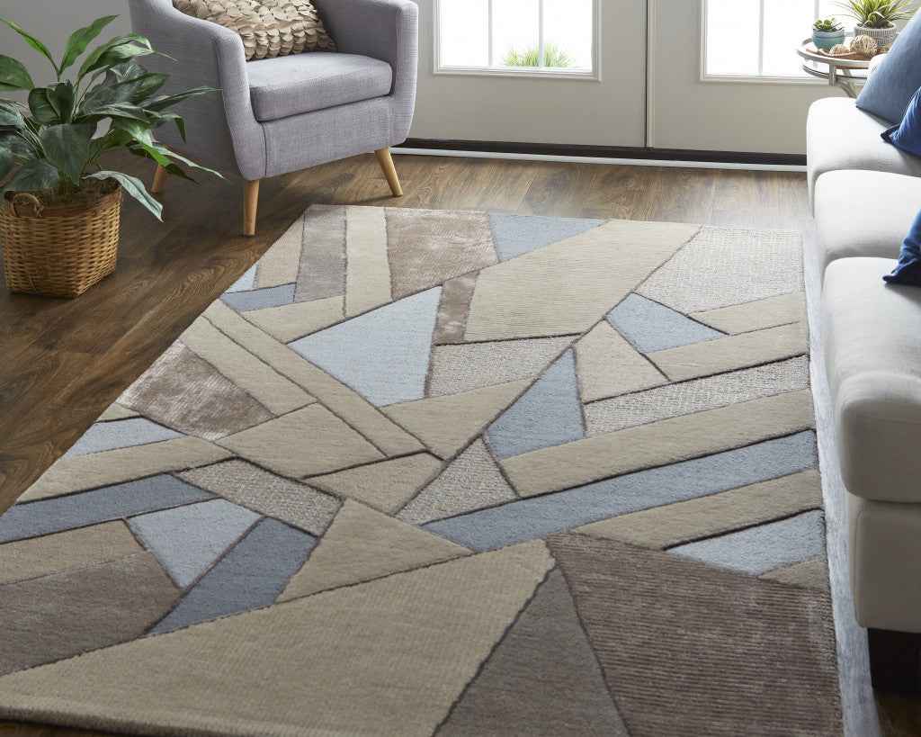 10' X 14' Tan Brown And Blue Wool Geometric Tufted Handmade Area Rug
