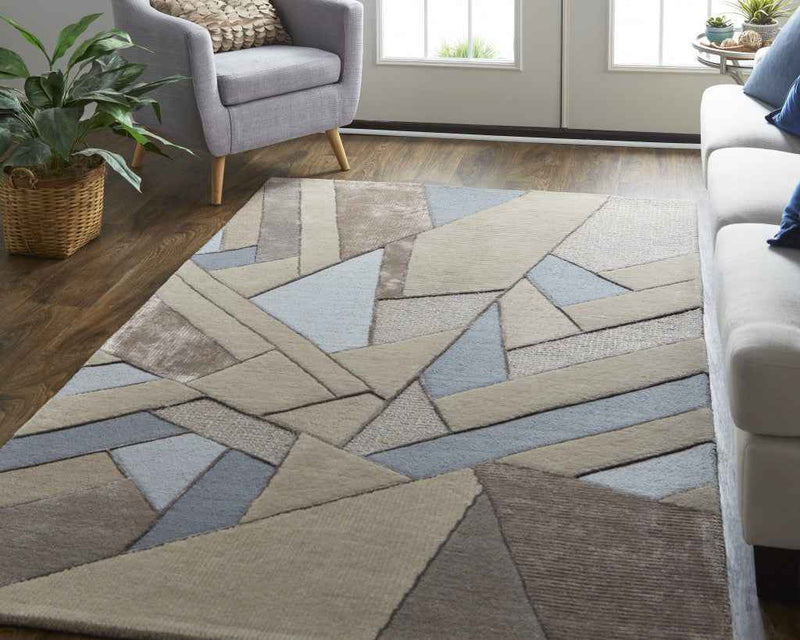 10' X 14' Tan Brown And Blue Wool Geometric Tufted Handmade Area Rug