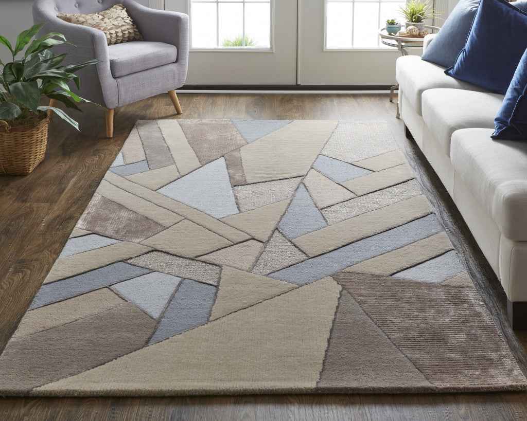 8' X 10' Tan Brown And Blue Wool Geometric Tufted Handmade Area Rug
