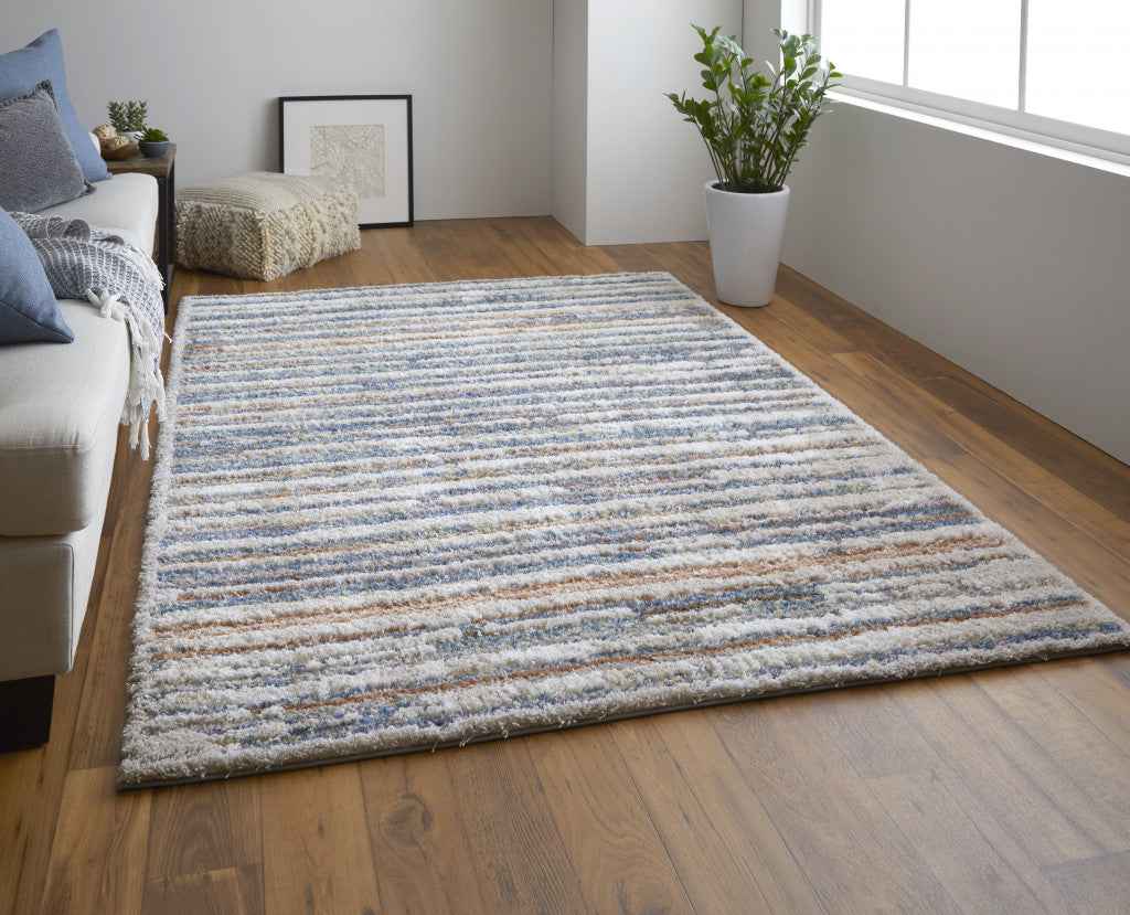10' X 14' Ivory Blue And Orange Striped Power Loom Stain Resistant Area Rug