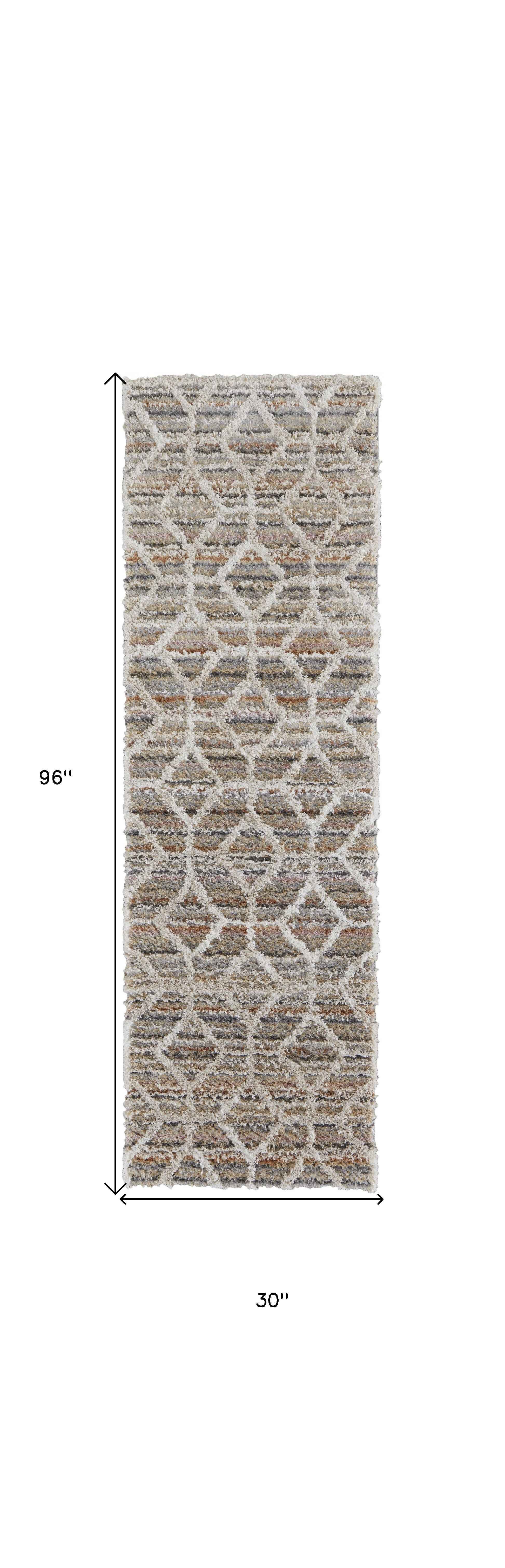 8' Tan Taupe And Ivory Geometric Power Loom Stain Resistant Runner Rug