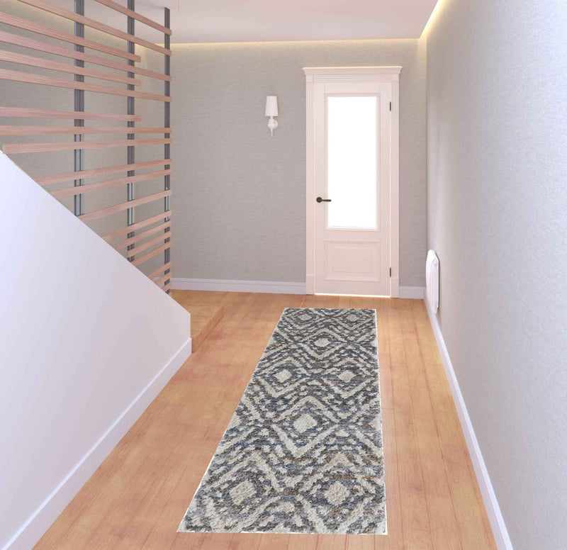 8' Ivory Gray And Taupe Geometric Power Loom Stain Resistant Runner Rug