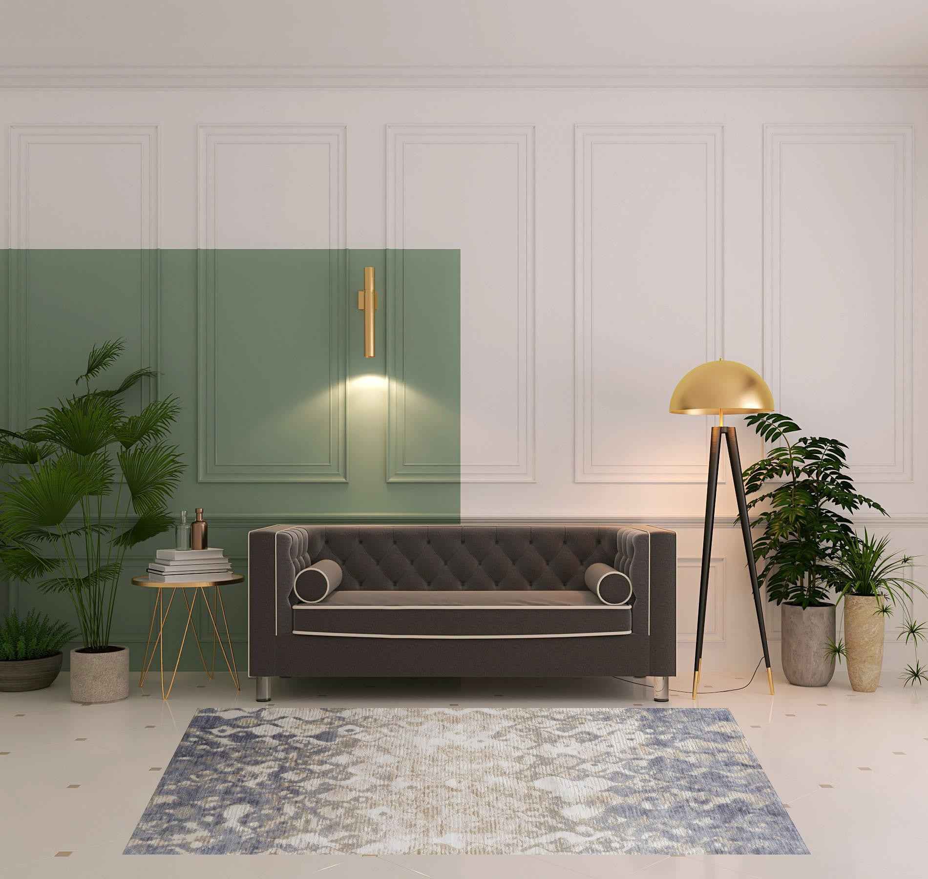 5' X 8' Tan Ivory And Blue Abstract Power Loom Distressed Area Rug