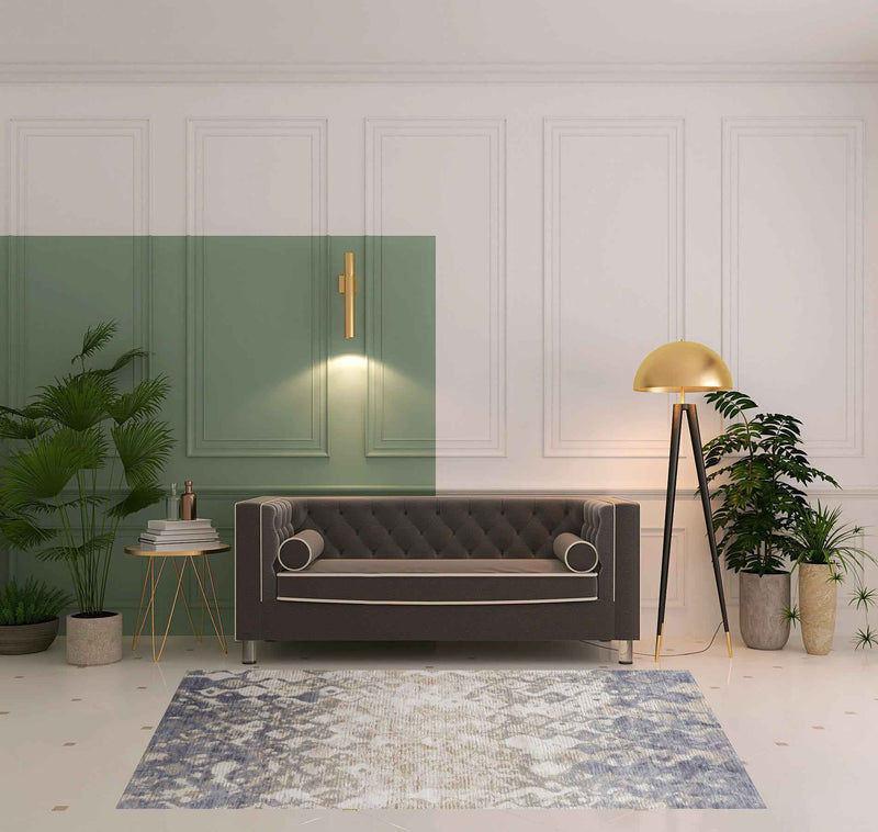 5' X 8' Tan Ivory And Blue Abstract Power Loom Distressed Area Rug