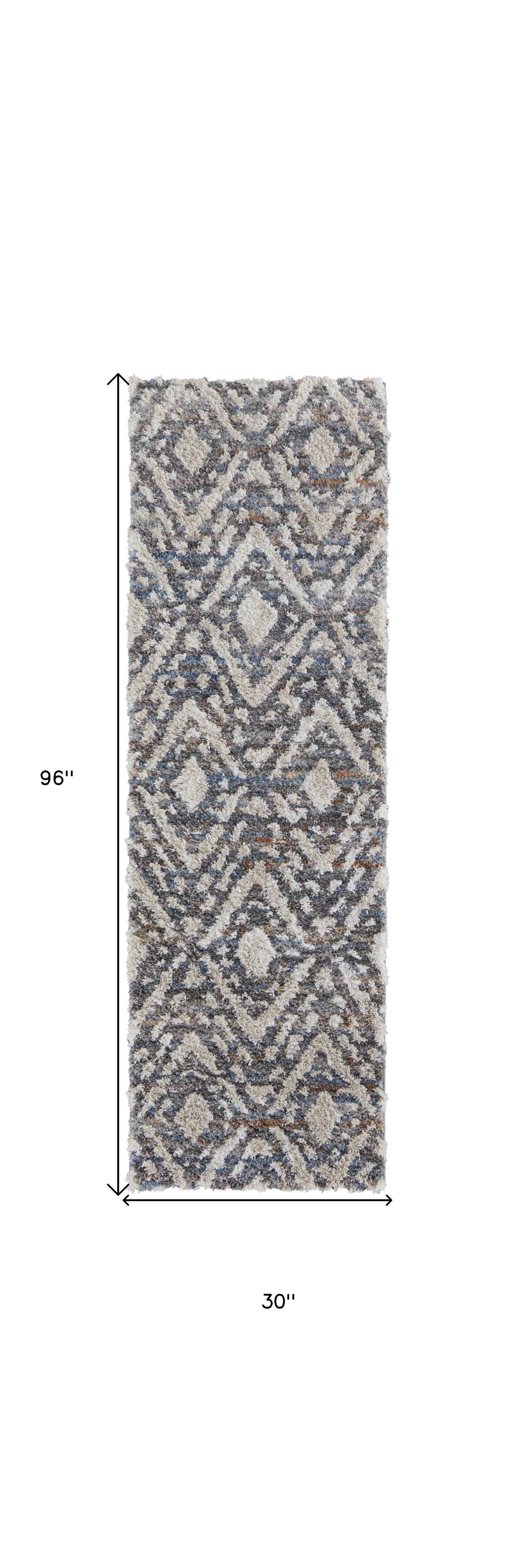 8' Ivory Gray And Taupe Geometric Power Loom Stain Resistant Runner Rug