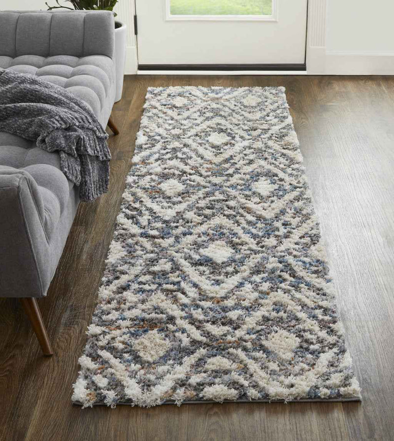 8' Ivory Gray And Taupe Geometric Power Loom Stain Resistant Runner Rug