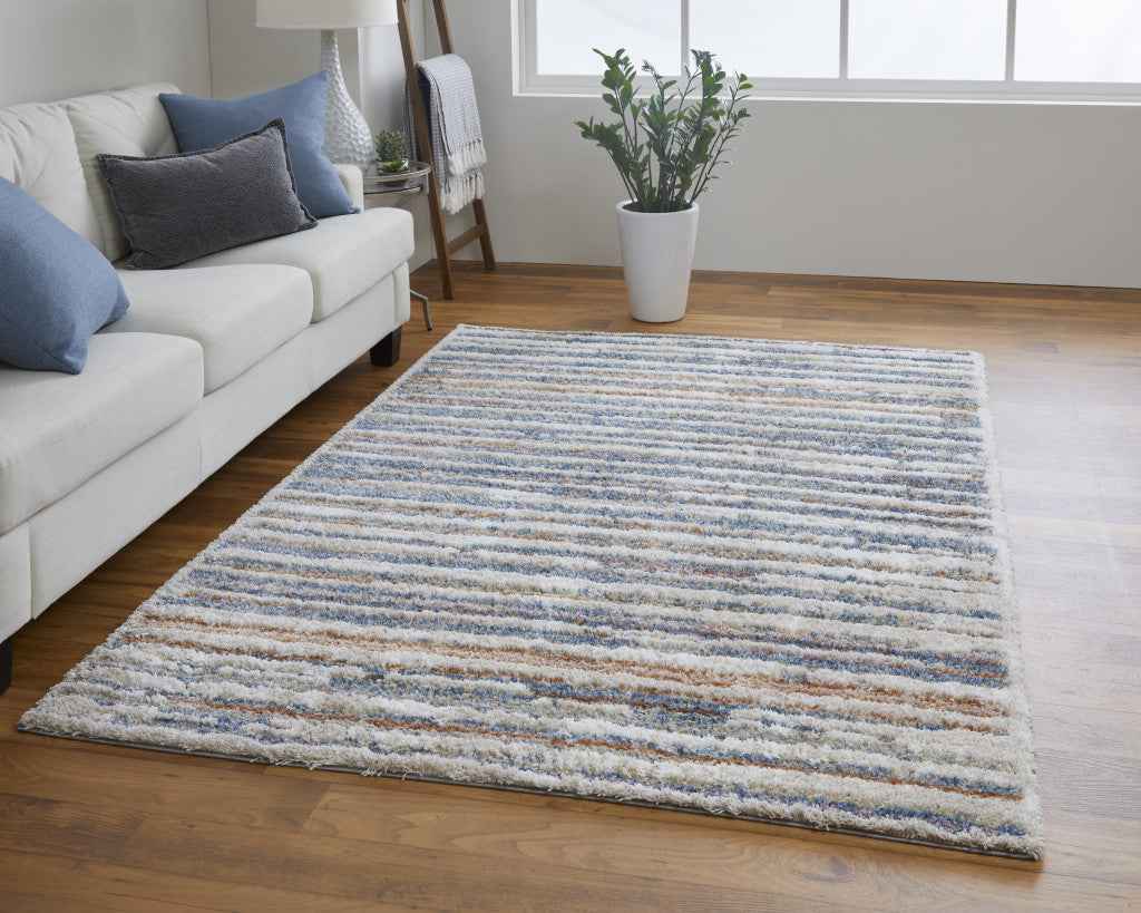 8' X 10' Ivory Blue And Orange Striped Power Loom Stain Resistant Area Rug