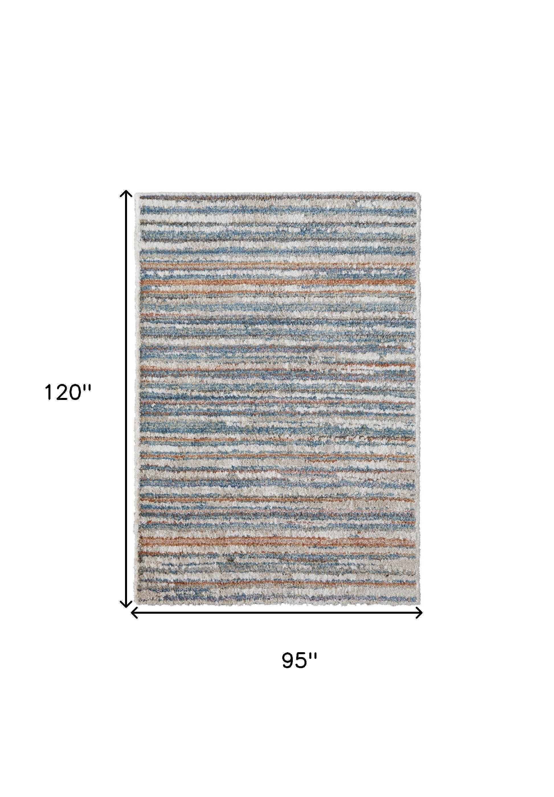 8' X 10' Ivory Blue And Orange Striped Power Loom Stain Resistant Area Rug