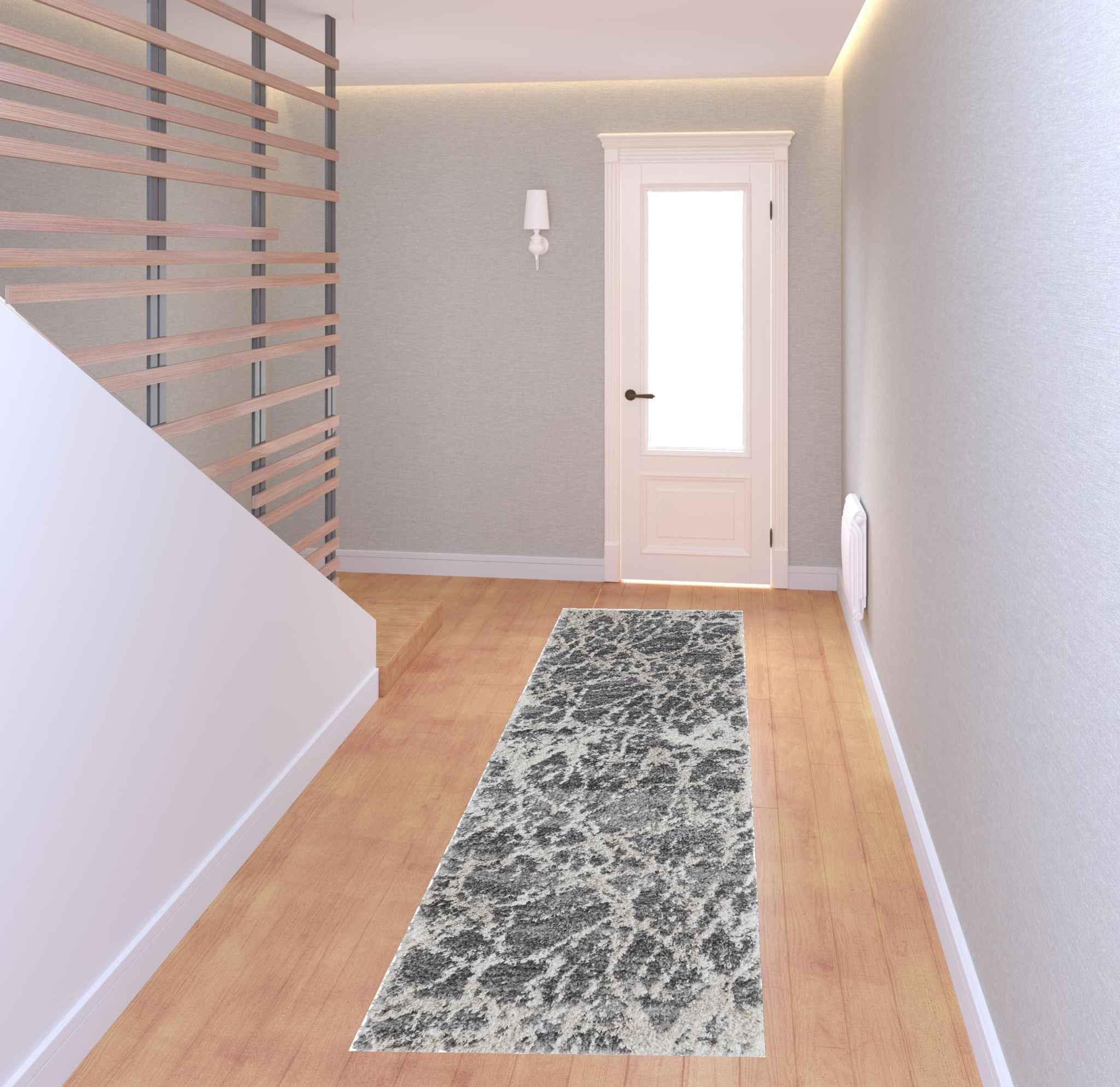 8' Gray And Ivory Abstract Power Loom Stain Resistant Runner Rug