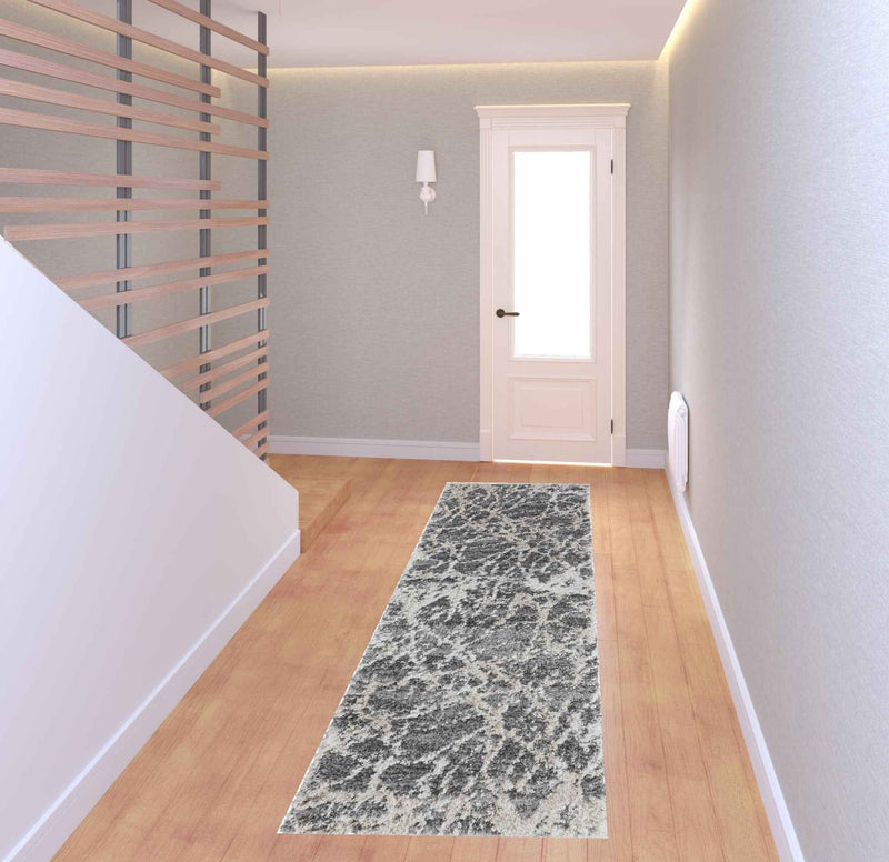 8' Gray And Ivory Abstract Power Loom Stain Resistant Runner Rug