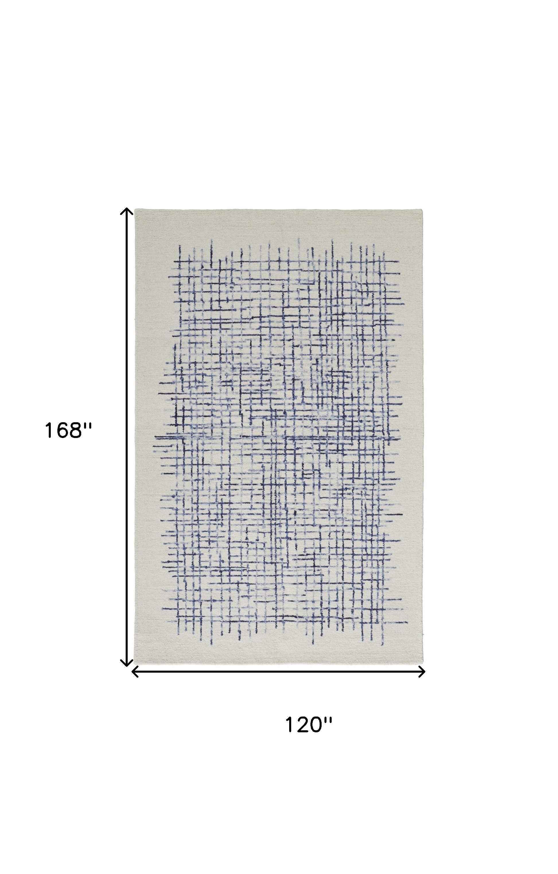 10' X 14' Ivory And Blue Wool Plaid Tufted Handmade Stain Resistant Area Rug