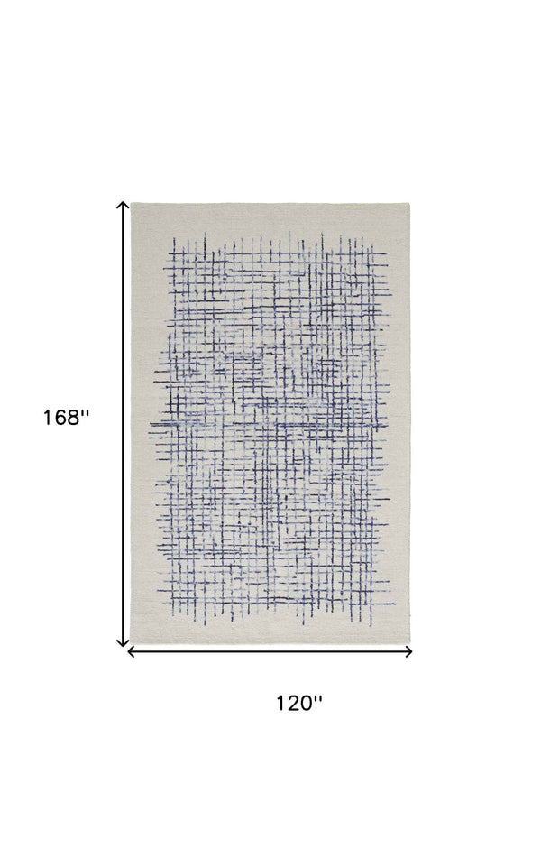 10' X 14' Ivory And Blue Wool Plaid Tufted Handmade Stain Resistant Area Rug