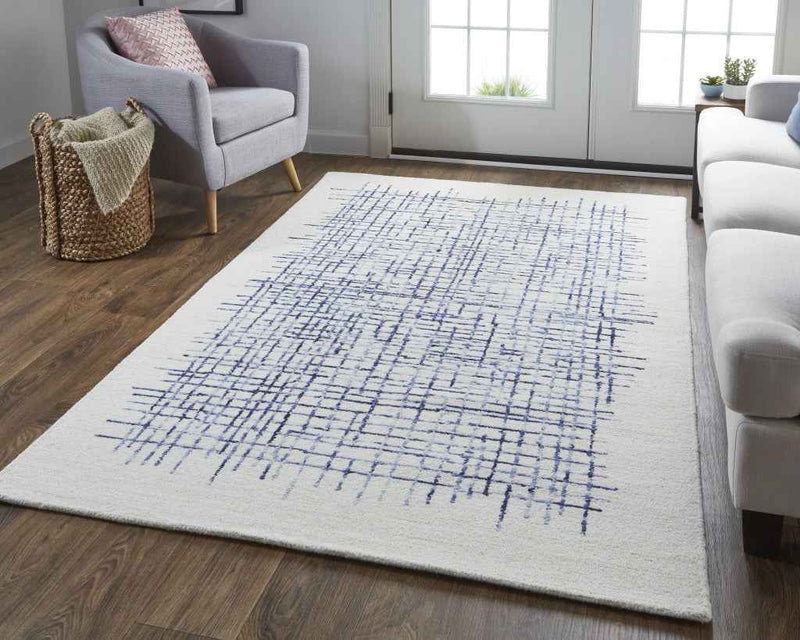 10' X 14' Ivory And Blue Wool Plaid Tufted Handmade Stain Resistant Area Rug