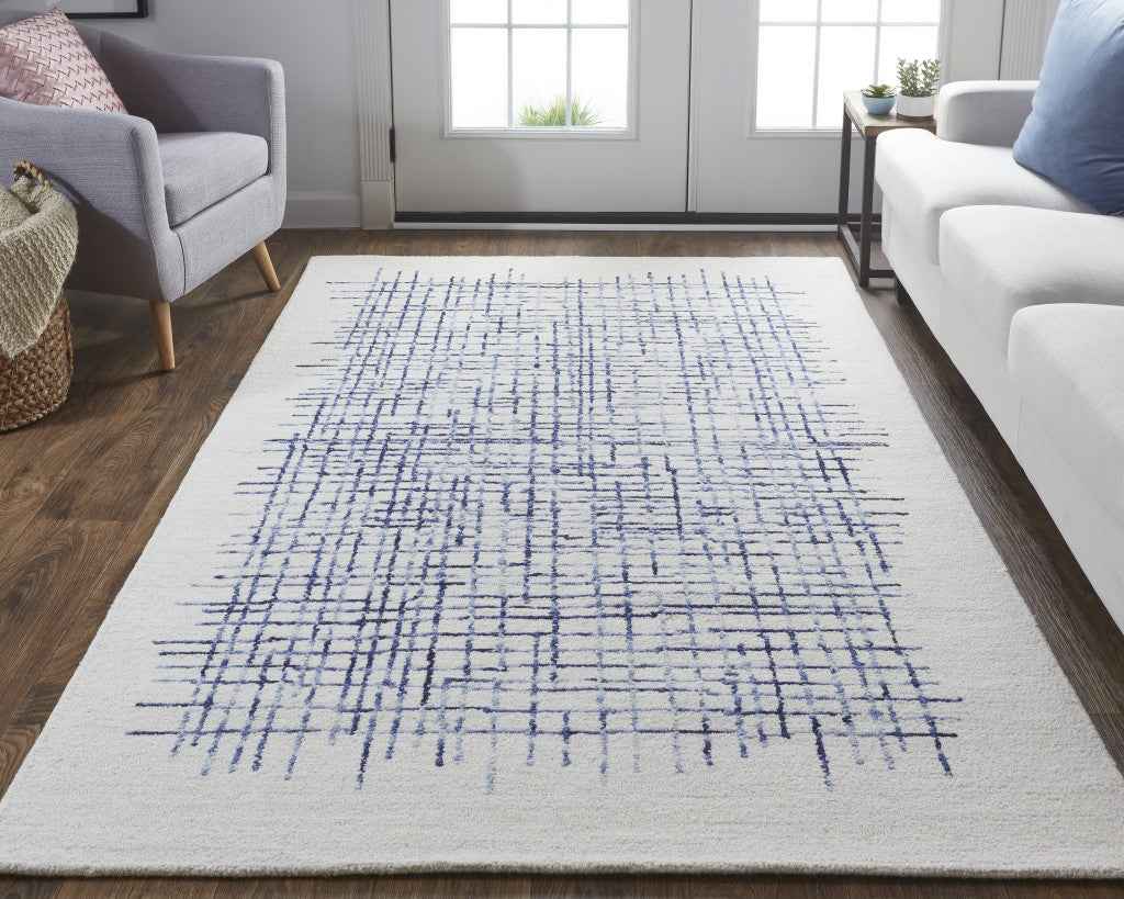 10' X 14' Ivory And Blue Wool Plaid Tufted Handmade Stain Resistant Area Rug