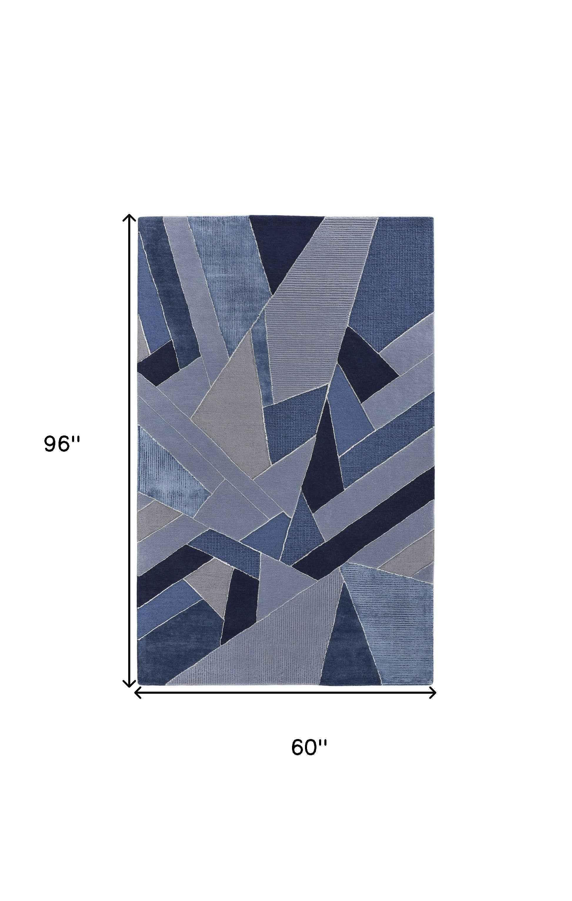 5' X 8' Blue And Silver Wool Geometric Tufted Handmade Area Rug