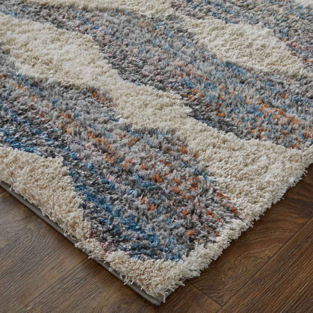 8' X 10' Tan Ivory And Blue Chevron Power Loom Stain Resistant Area Rug