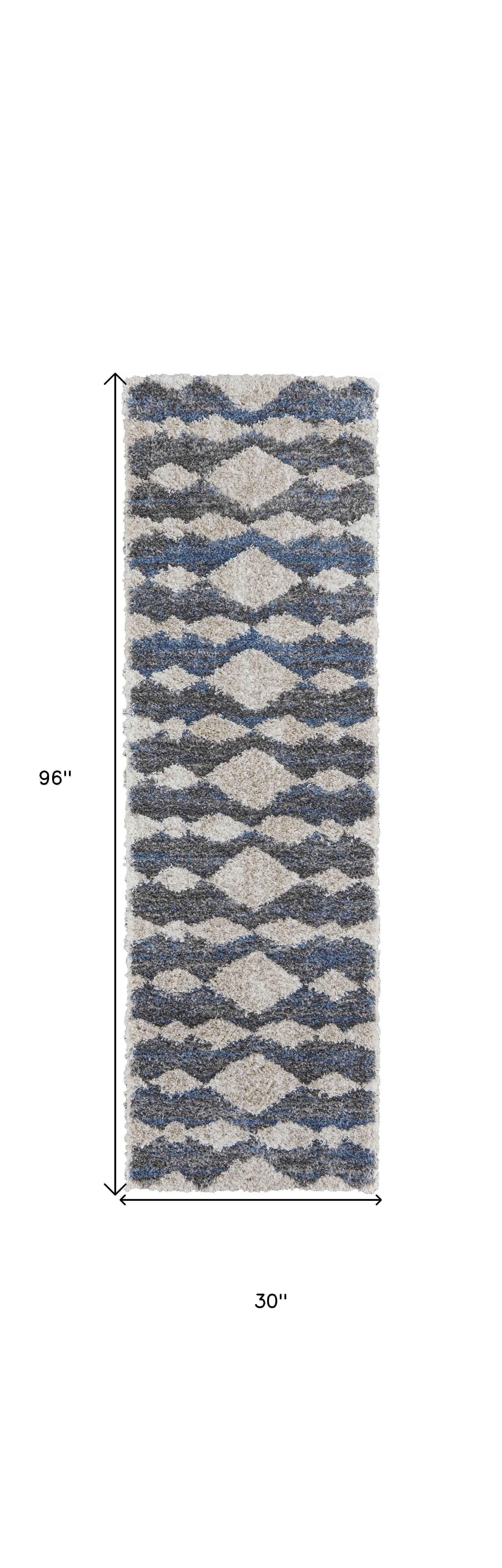 8' Ivory Gray And Blue Chevron Power Loom Stain Resistant Runner Rug