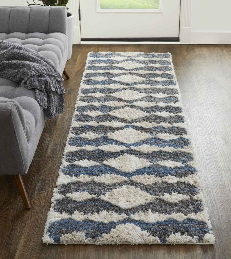 8' Ivory Gray And Blue Chevron Power Loom Stain Resistant Runner Rug