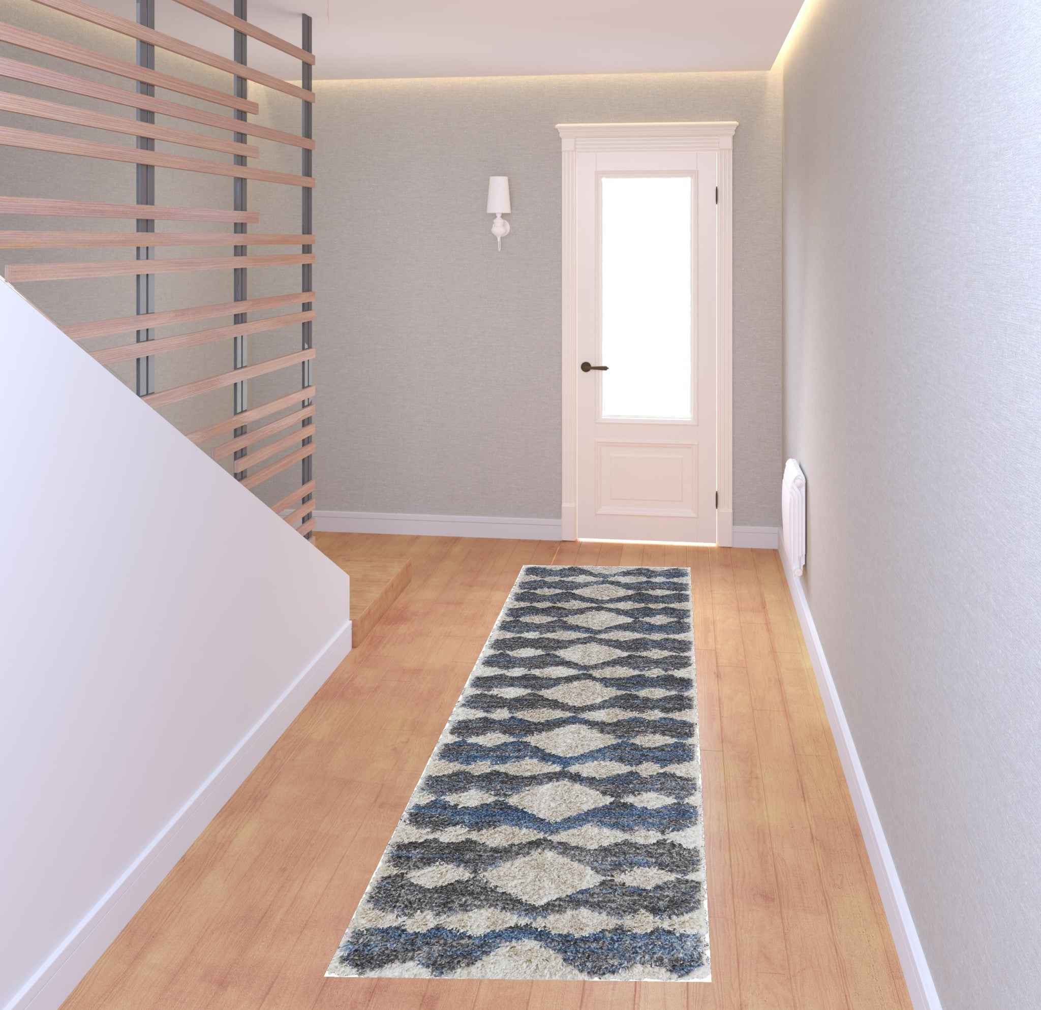 8' Ivory Gray And Blue Chevron Power Loom Stain Resistant Runner Rug