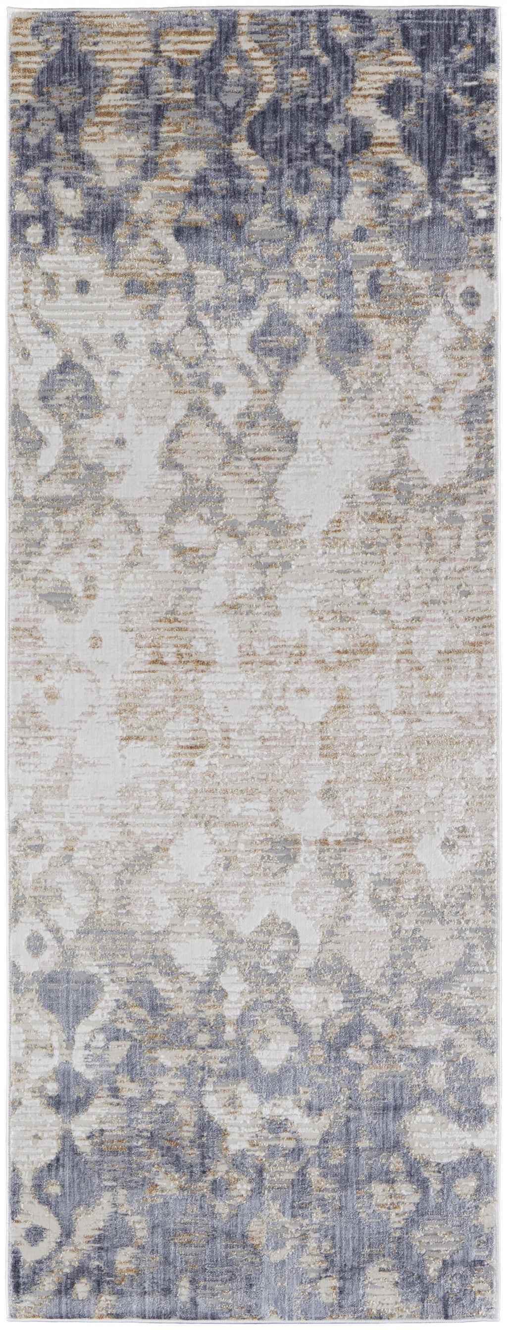 10' Tan Ivory And Blue Abstract Power Loom Distressed Runner Rug