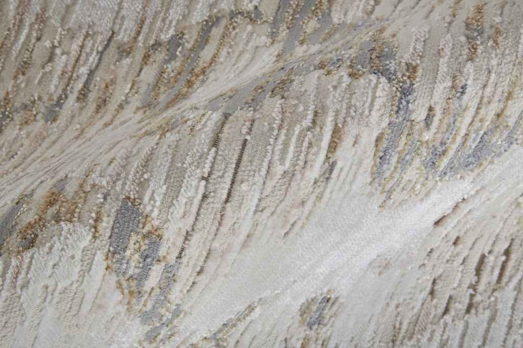 10' Tan Ivory And Blue Abstract Power Loom Distressed Runner Rug