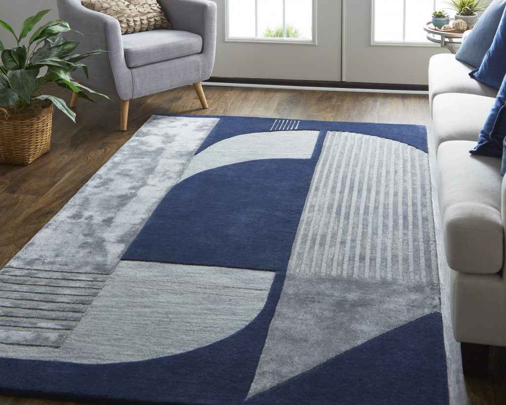 5' X 8' Blue And Silver Wool Geometric Tufted Handmade Area Rug