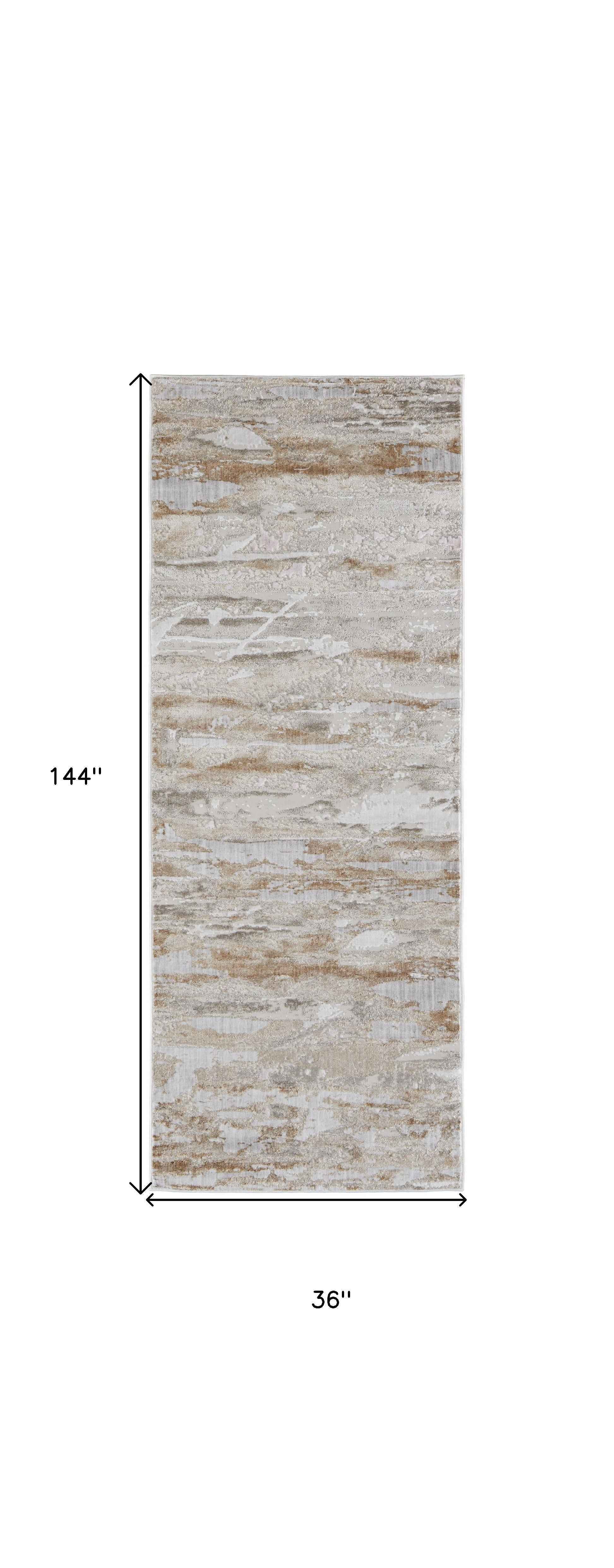 12' Tan And Ivory Abstract Power Loom Distressed Runner Rug