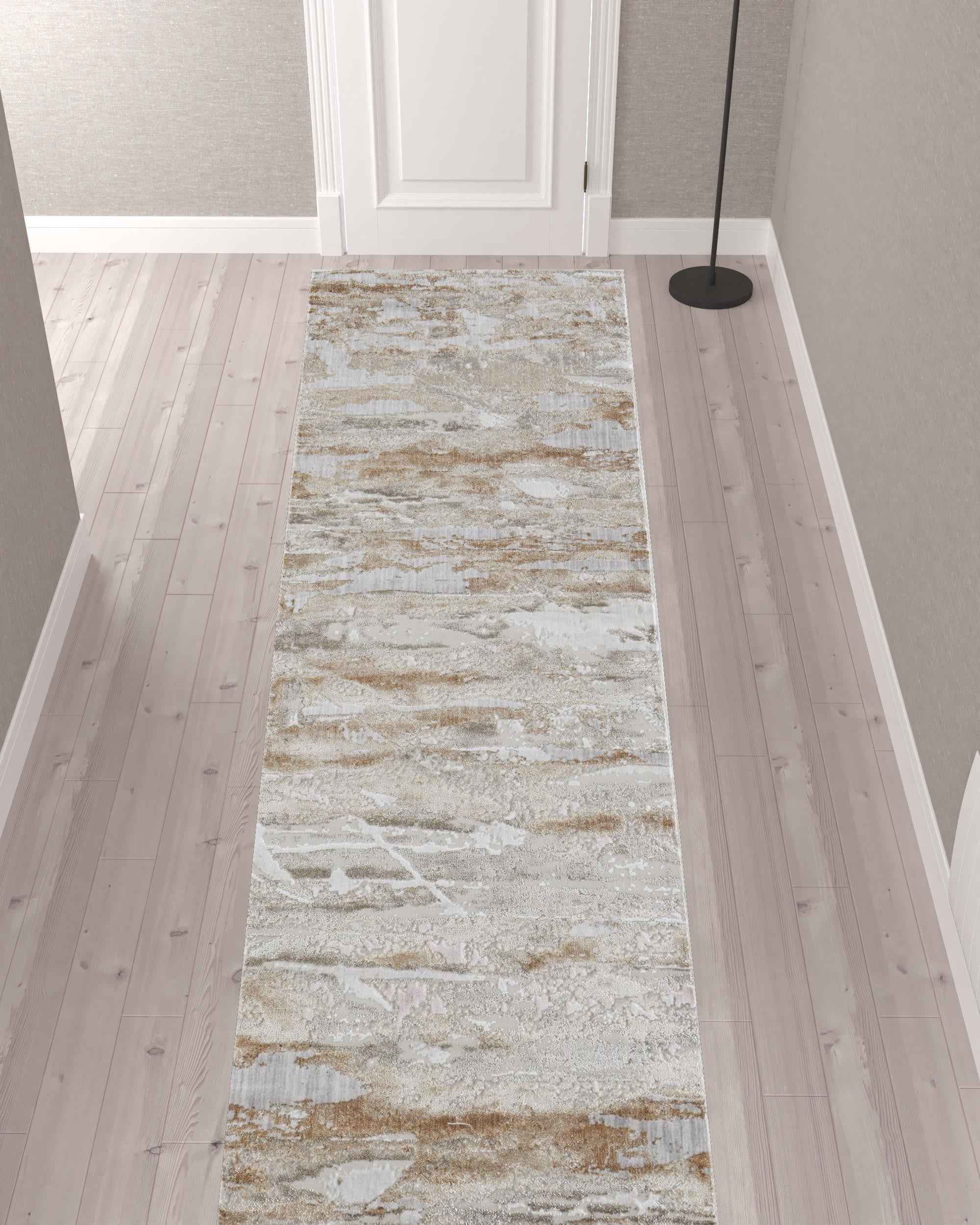 12' Tan And Ivory Abstract Power Loom Distressed Runner Rug