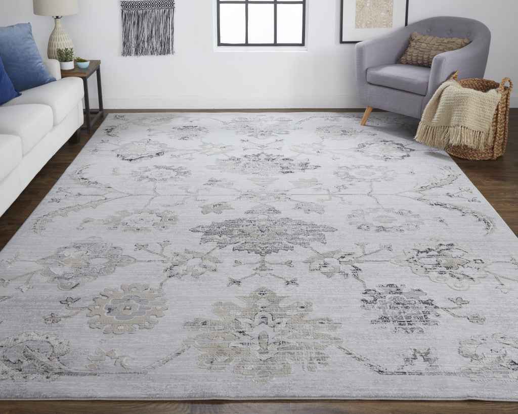 10' X 13' Silver And Black Floral Power Loom Distressed Area Rug