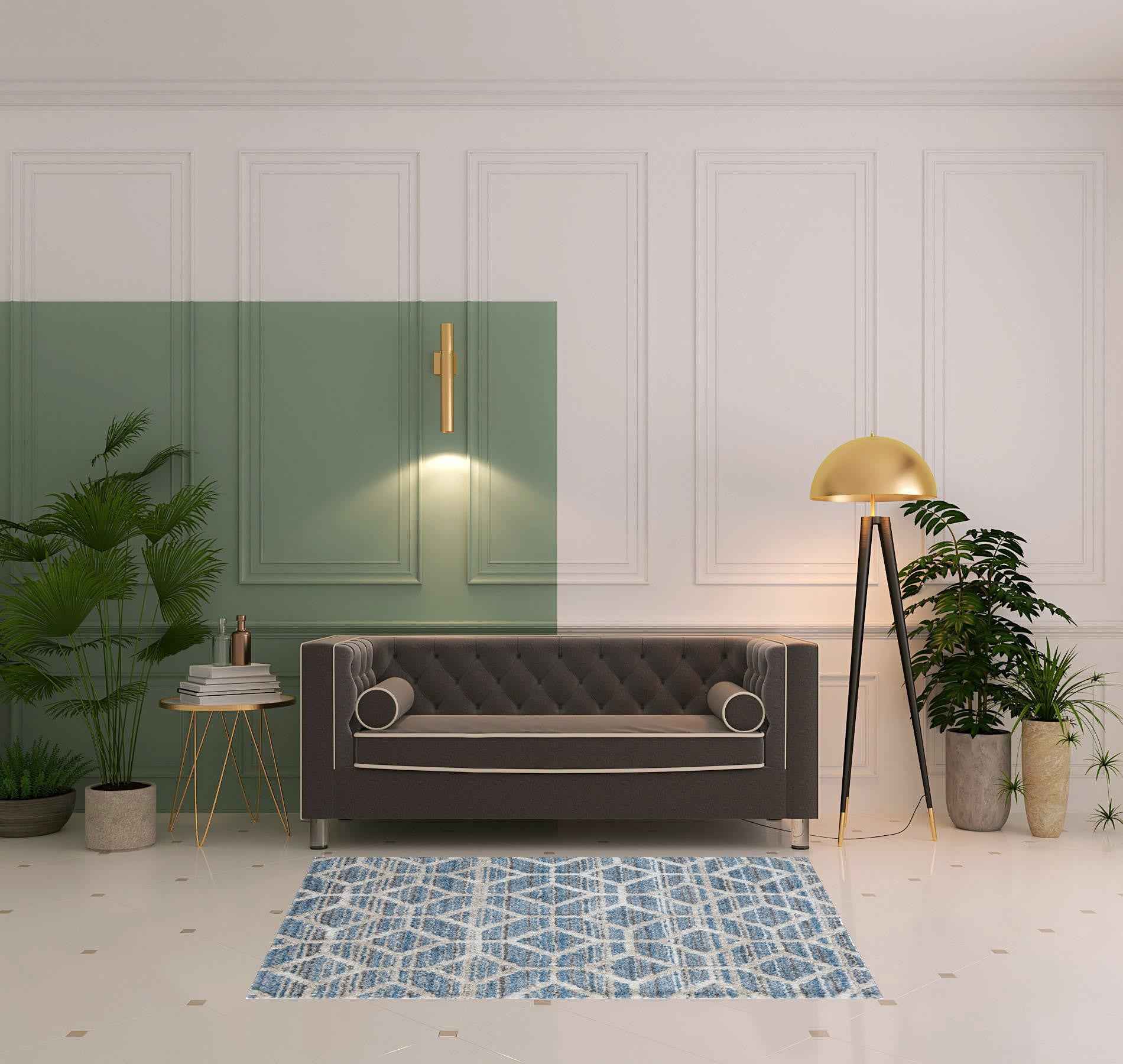 4' X 6' Blue And Ivory Geometric Power Loom Stain Resistant Area Rug