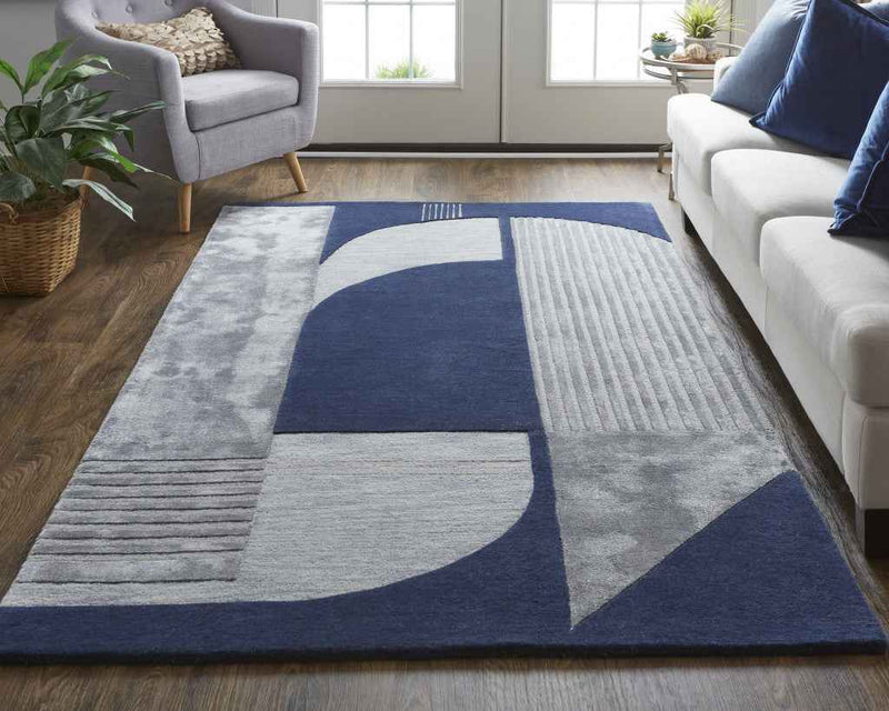 9' X 12' Blue And Silver Wool Geometric Tufted Handmade Area Rug