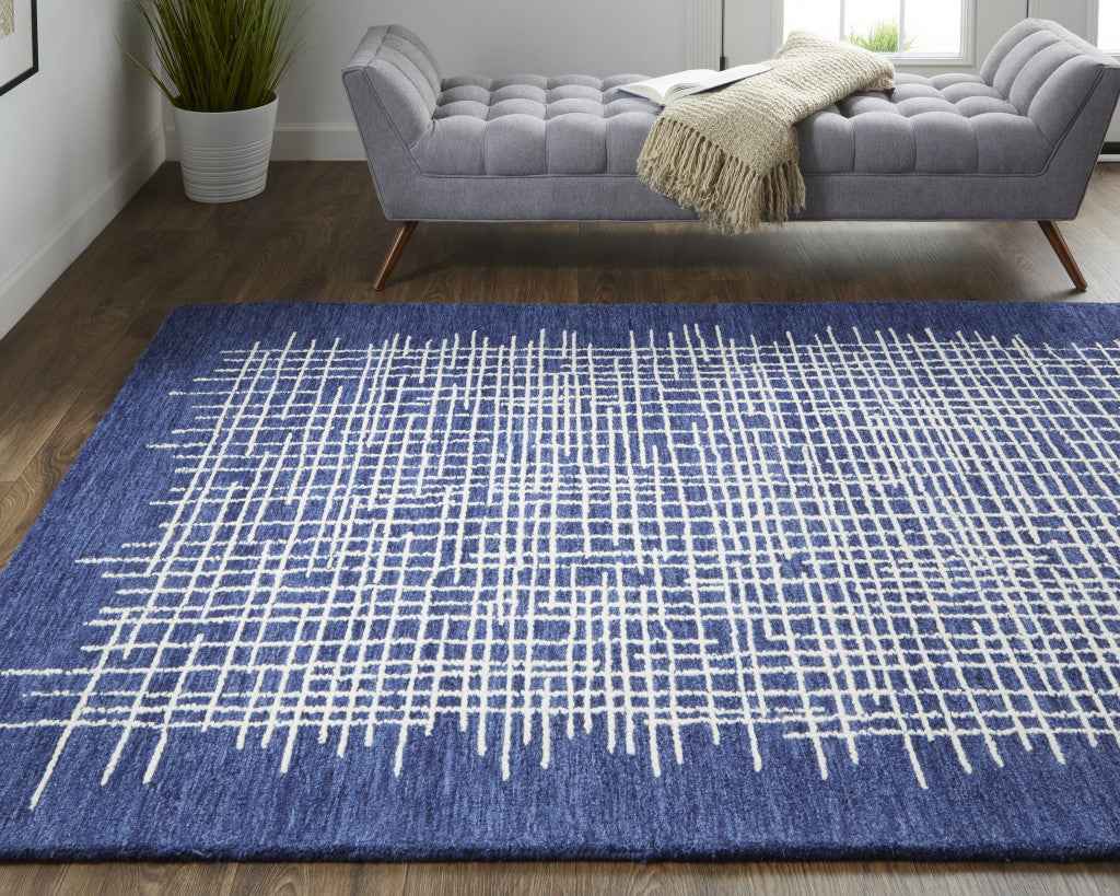 9' X 12' Blue And Ivory Wool Plaid Tufted Handmade Stain Resistant Area Rug