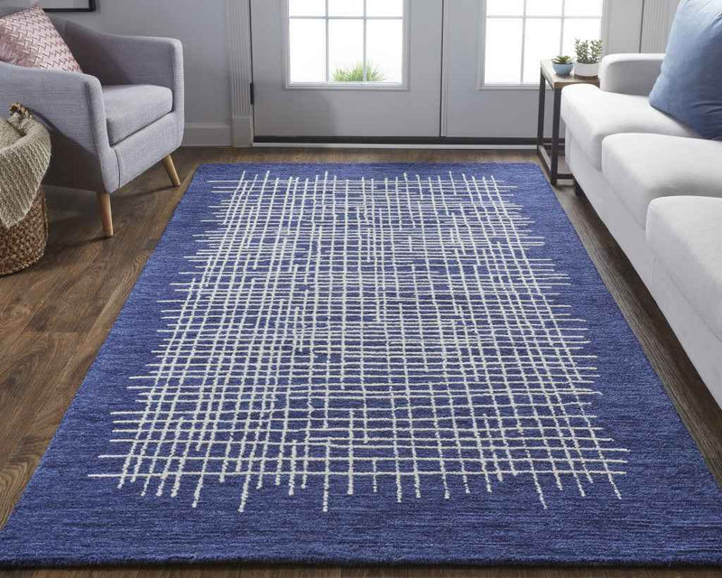 9' X 12' Blue And Ivory Wool Plaid Tufted Handmade Stain Resistant Area Rug
